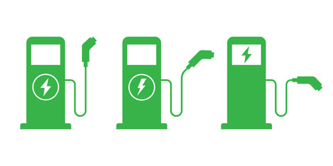 Electric vehicles charging point icon set. Car charging station sign symbol. Vector illustration - obrazy, fototapety, plakaty