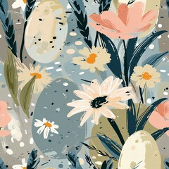 Impressionist Easter print with flowers and eggs close up in muted colors, midcentury modern wallpaper seamless pattern