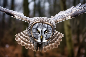 Obraz premium Great grey owl (Strix nebulosa) in flight.