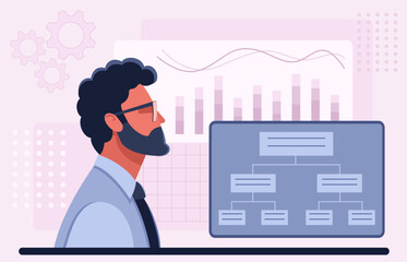 Male businessman, manager, analyst, stock trader, broker, investor on the background of a graph, structural diagram. Concept for business, management, analysis, stock market, investment, marketing.