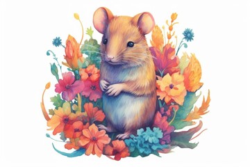 an illustration of a small rodent holding vibrant blooms. Generative AI