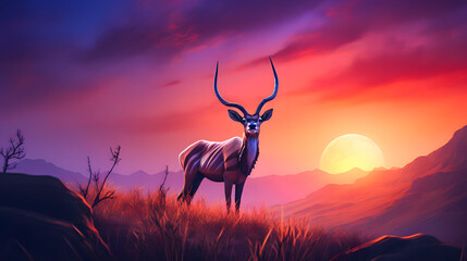 Springbok or Impala antelope (Aepyceros melampus) on the grassland at sunset. African national symbol