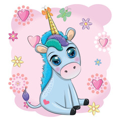Blue unicorn pony sitting. Cute baby card, baby with big eyes