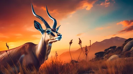  Springbok or Impala antelope (Aepyceros melampus) on the grassland at sunset. African national symbol © Iwankrwn