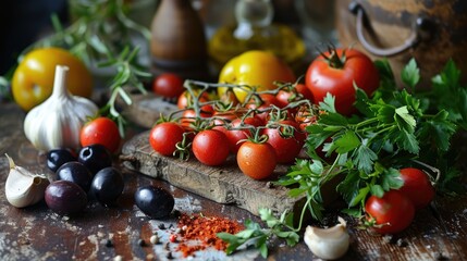 Mediterranean Flavors: Delve into the culinary harmony of olives, garlic, tomato, and parsley in a closer photo, showcasing their compatibility and creating a vibrant and aromatic Mediterranean ensem