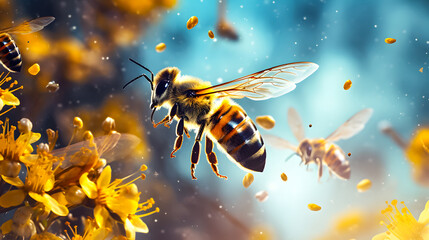 Honeybee collecting pollen from yellow flowers on blue sky background. Macro shot with shallow depth of field. Honeybee or apis mellifera - obrazy, fototapety, plakaty