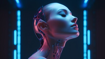 Portrait of a beautiful futuristic cyborg woman, neon lights. - obrazy, fototapety, plakaty