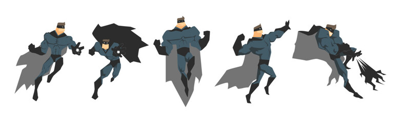 Man Superhero Character in Cloak and Mask in Different Pose Vector Set