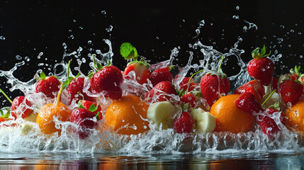 An assortment of vibrant fruits creating an energetic splash in water, evoking freshness and vitality.