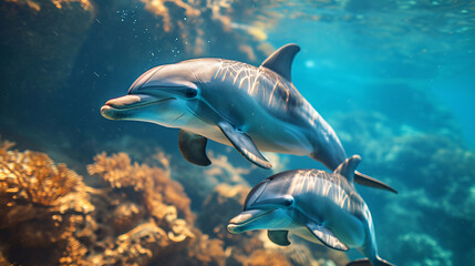 Playful Dolphins Swimming Underwater