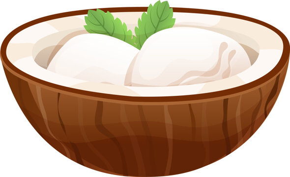 Concept tropical coconut ice cream icon, natural asian popular sherbet cartoon vector illustration, isolated on white. Broken coco asiatic cuisine, tasty soft sundae with green leaf.