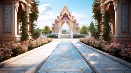 "A floral mosaic adorns the path, inviting passage to the temple's ornate gates."