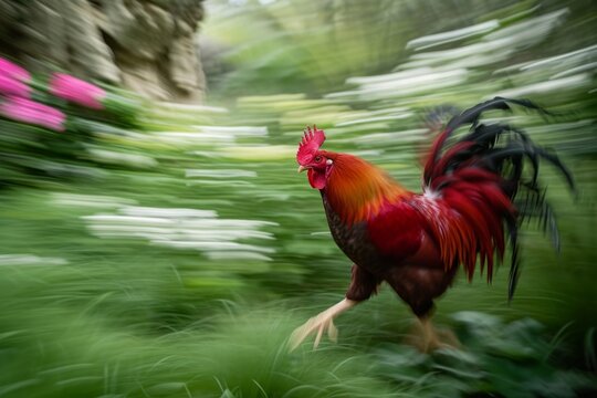 A vibrant rooster in a garden, captured in motion with a creative blur effect emphasizing movement