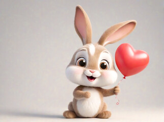 Fototapeta premium Smiling lucky white and brown bunny with a balloon