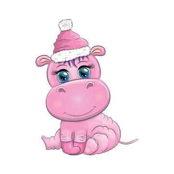 Cute cartoon hippo in Santa hat with gift, Christmas ball and candy cane. New Year and Christmas