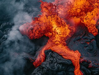 A captivating display of lava flow forming intricate patterns, with vibrant explosions of orange against the dark, cooled lava