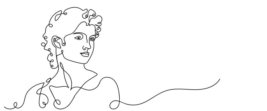 Continuous one line drawing of a Greek bust statue. Elegant minimalistic Greek god portrait for logo, emblem or web banner. Vector illustration