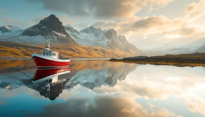Deurstickers Noord-Europa fishing boat moors in reflection under mountain peaks.