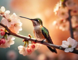 A hummingbird sitting on a branch of a cherry tree. peach fuzz background. The color of the year 2024