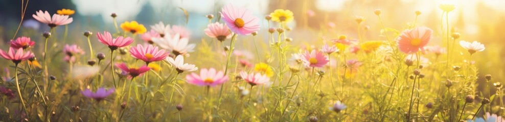 colorful flowers in a field with sunlight in the background.