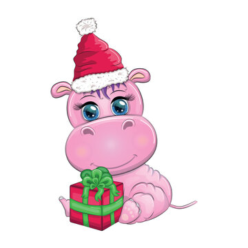 Cute cartoon hippo in Santa hat with gift, Christmas ball and candy cane. New Year and Christmas