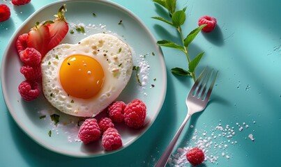 an egg baked into the shape of a heart on a plate with fruit and butter.