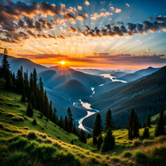 A beautiful sunset view with trees and mountains