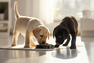 Cute white and black labrador puppies eat tasty dry food from a bowl in a room with sunlight....