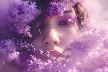 Close up photo of a woman with purple flowers