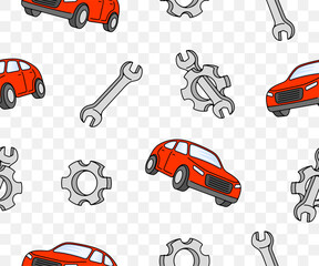 Fototapeta premium Car, gear and wrench, seamless vector background and pattern. Transport, transportation, cogwheel, gear wheel and spanner, vector design and illustration