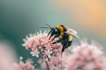 Bee on a pink flower - obrazy, fototapety, plakaty