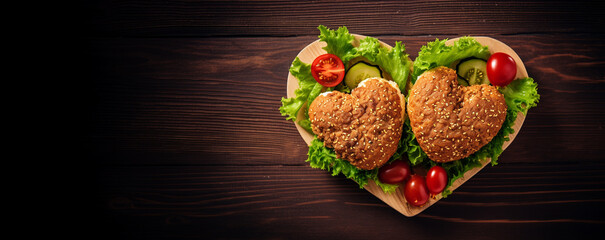 Valentines Day breakfast concept card with copy space. Two sandwiches with meats on wooden table. Burgers with fried, greenery, cutlets and tomatoes on heart shaped wooden tray.