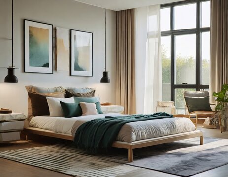 Beautiful Bedroom with Minimalistic Design, big windows and a houseplant