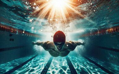 Woman Swimming Freestyle. Under water shoot of a woman swimming freestyle in olympic pool - obrazy, fototapety, plakaty