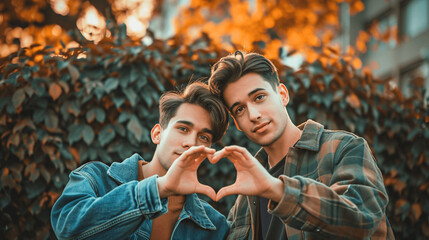 Joyful Same-Sex Couple Expressing Love with Hand Heart - Inclusive Romance