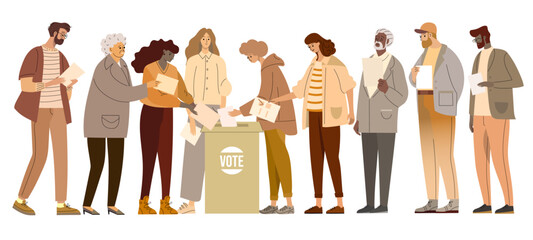 Diverse people different ages voters casting ballots at polling station during voting people putting paper ballot in box. Election, Democracy, Freedom of speech, justice voting and opinion. Referendum