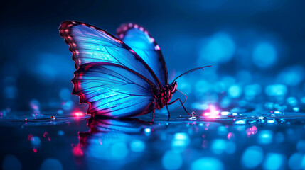 majestic blue butterfly rests on a wet surface, its wings illuminated by a soft, glowing light...