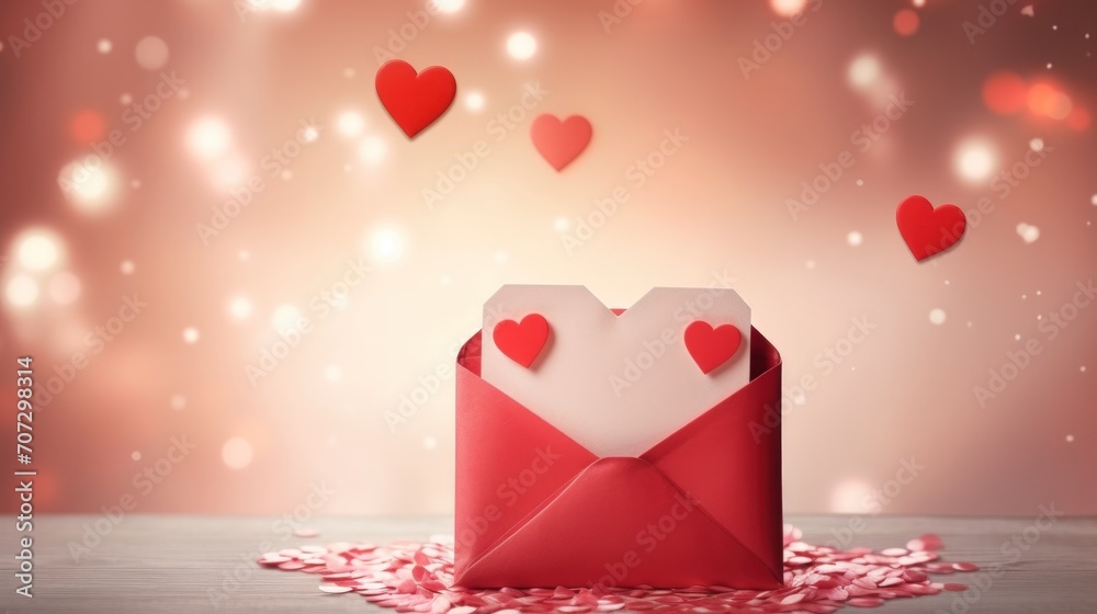 Poster Valentine's greeting card with a red heart and space for text, blur bokeh background. Generative AI.