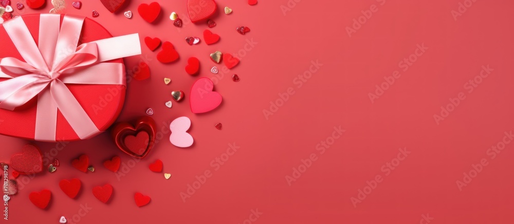 Poster Valentines day in red background copy space.Hearts in red Box Gift Mock up Banner. Generative AI.