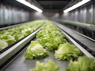 Fresh lettuce on conveyor belt in automated food factory - obrazy, fototapety, plakaty