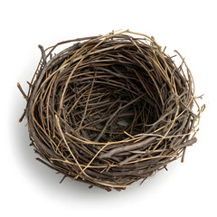 Rustic wooden bird's nest isolated on white background, realistic, png
