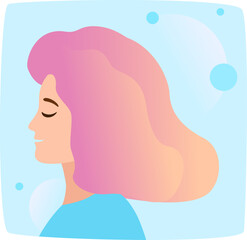 Side profile of a tranquil young woman with pink hair, serene expression. Soft pastel background with abstract bubbles. Mindfulness and relaxation concept vector illustration.