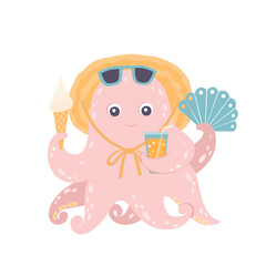 Illustration of cartoon cute smiling baby octopus with sunglasses, fan, drink, ice cream in tentacles. Print for kids clothes.