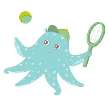 Illustration of cartoon cute smiling baby octopus playing tennis. Print for kids clothes.