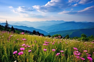 Fototapeta premium Mountain Wildflowers. A panoramic view of mountains adorned with a profusion of wildflowers.