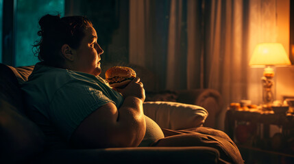 Naklejka premium very fat woman is sitting on the couch eating a burger