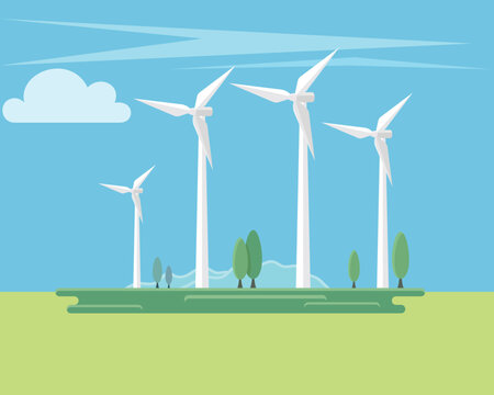 Wind turbines against the backdrop of the natural landscape, the concept of ecological energy.