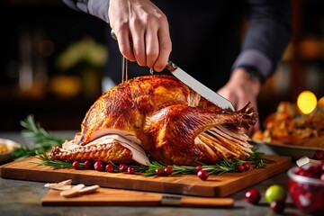 Man carving thanksgiving turkey at home - obrazy, fototapety, plakaty