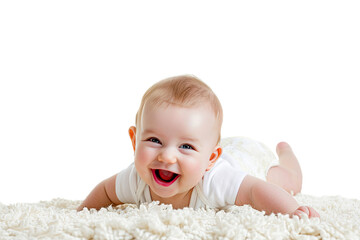 Portrait studio of young adorable baby with happy smile isolated on transparent background. - obrazy, fototapety, plakaty