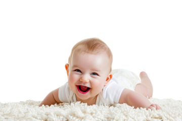 Portrait studio of young adorable baby with happy smile isolated on transparent background.